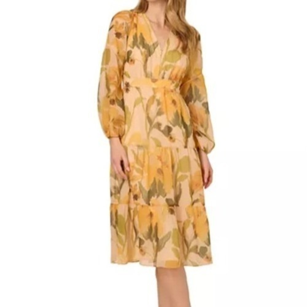 Adrianna Papell Floral Organza Midi A Line Floral Yellow Dress Womens Size 10